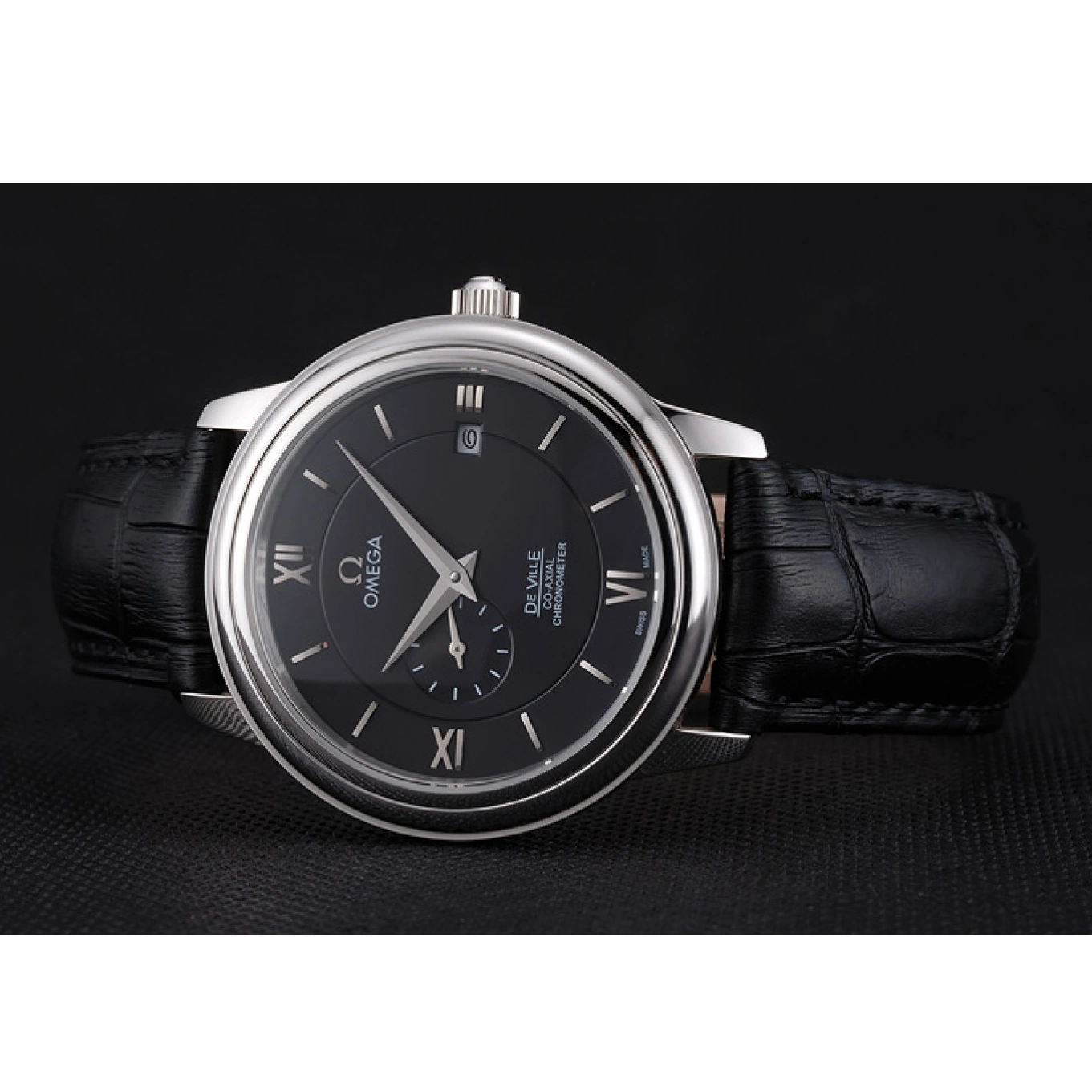 1015 Omega De Ville Prestige Co-Axial Black Dial Silver Case Black Leather Strap Roman Numeral